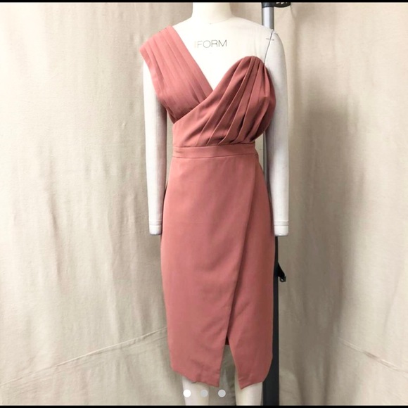 Stunning One Shoulder Pleated Midi Dress in Dusty Rose - Picture 6 of 8